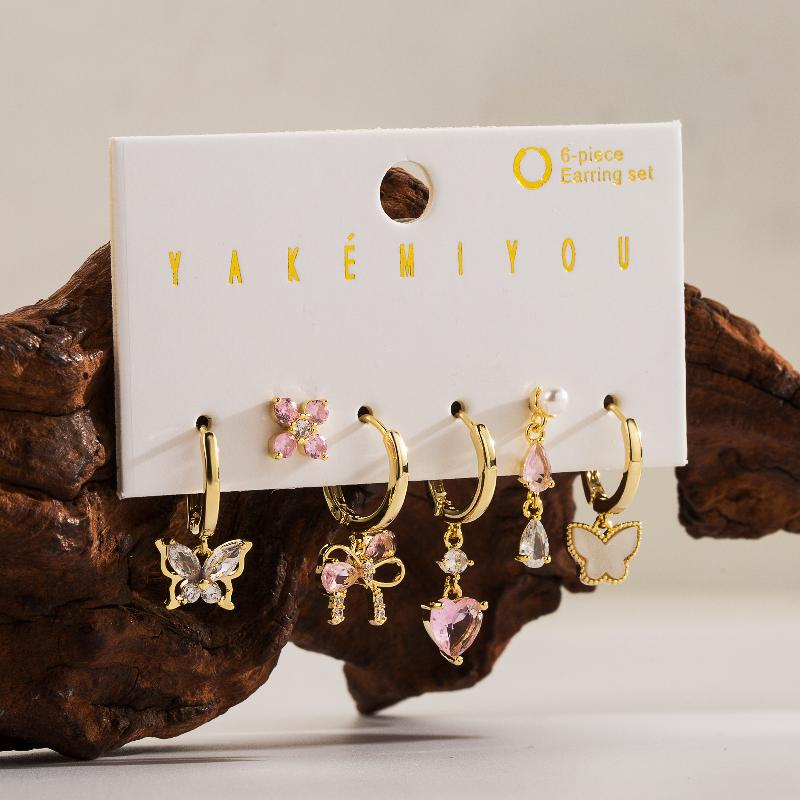 Copper 14K Gold Plated Yakemiyou Sweet Commute Inlay Cherry Flower Butterfly Acrylic Artificial Pearls Zircon Drop Earrings By Trendy Jewels