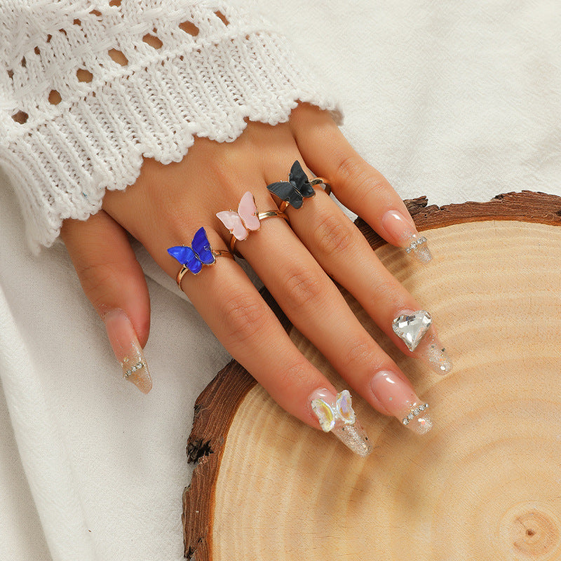 fashion multi-color butterfly-shaped adjustable open rings three-piece set By Trendy Jewels