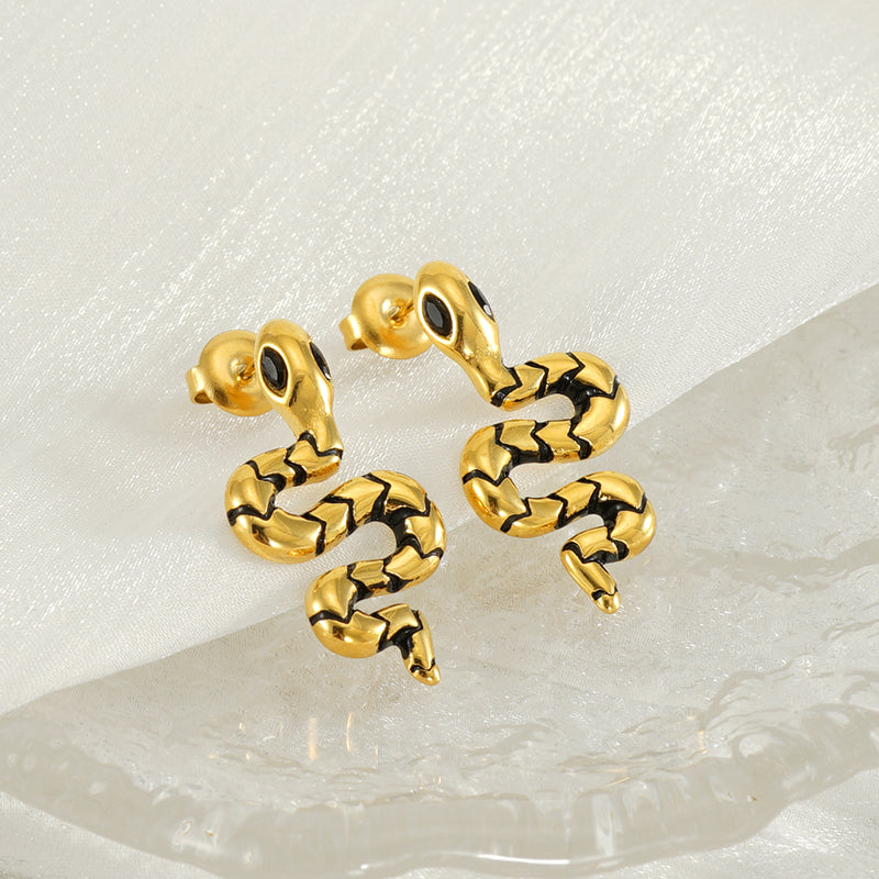 1 Pair IG Style Simple Style Snake Inlay 304 Stainless Steel Zircon 18K Gold Plated Ear Studs By Trendy Jewels