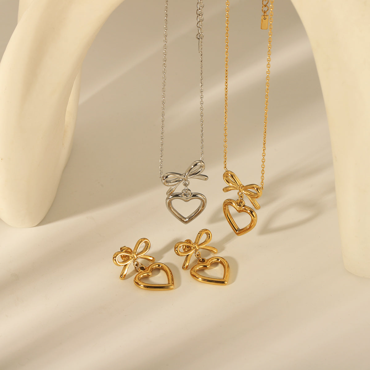 304 Stainless Steel 14K Gold Plated Sweet Commute Heart Shape Bow Knot Earrings Necklace Jewelry Set By Trendy Jewels