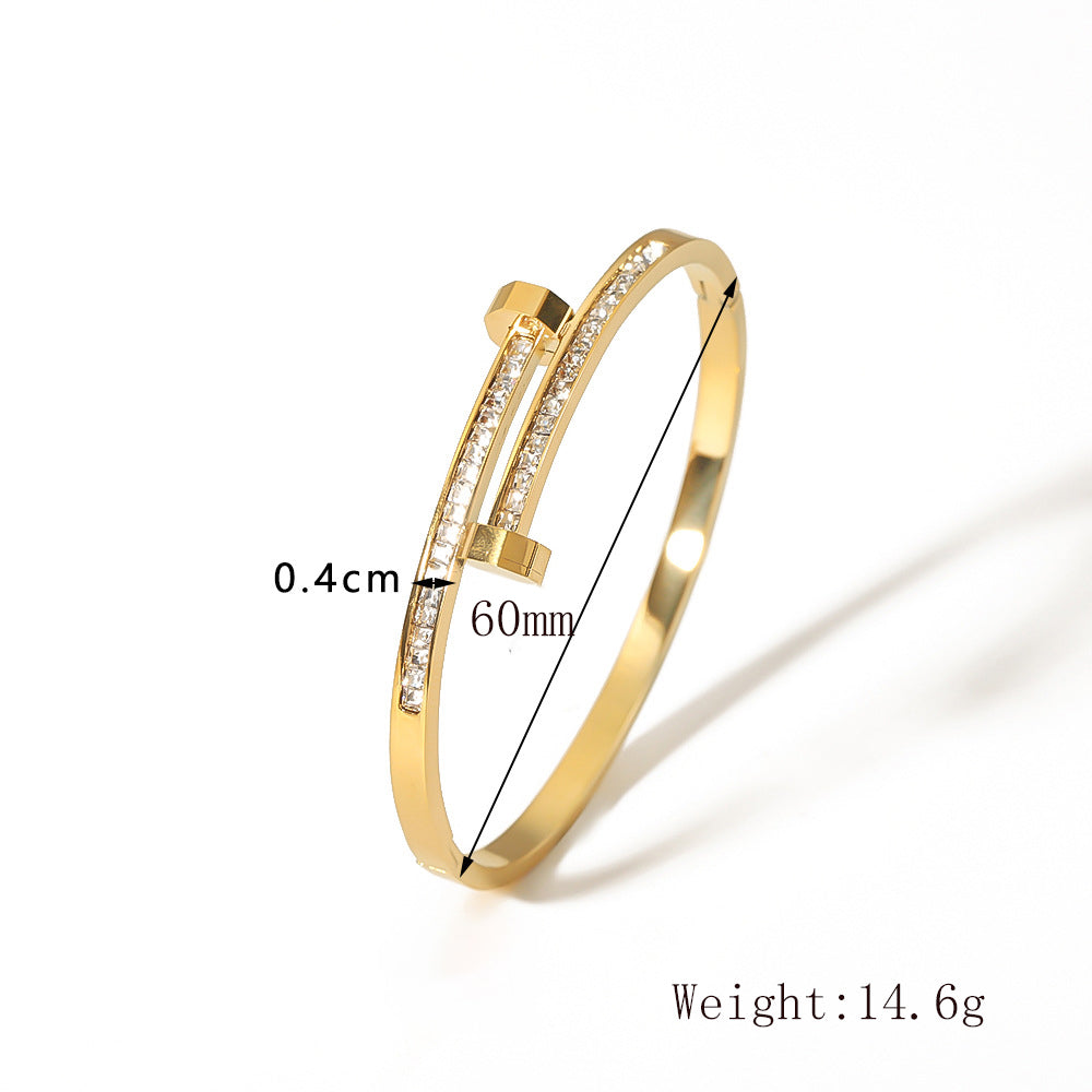 Basic Classic Style Commute Solid Color Nail 304 Stainless Steel 18K Gold Plated Zircon Bangle In Bulk By Trendy Jewels