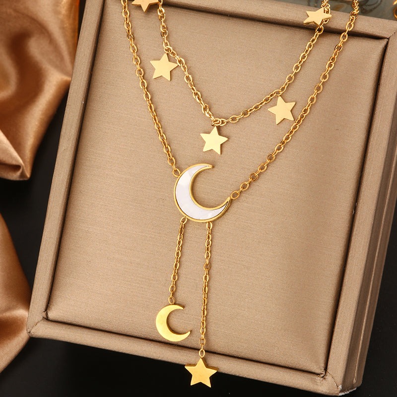 316L Stainless Steel 18K Gold Plated Vintage Style Commute Plating Inlay Devil's Eye Star Moon Turquoise Rhinestones Layered Necklaces By Trendy Jewels