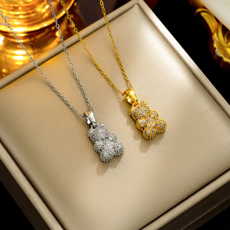 streetwear little bear stainless steel plating inlay 18k gold plated zircon pendant necklace By Trendy Jewels