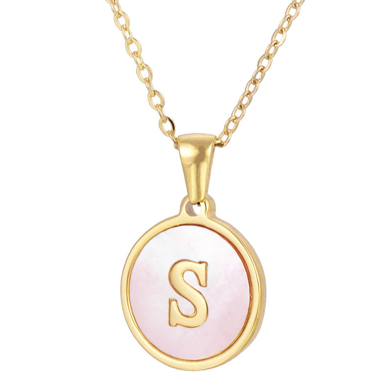 simple style round letter stainless steel pendant necklace gold plated shell stainless steel necklaces By Trendy Jewels