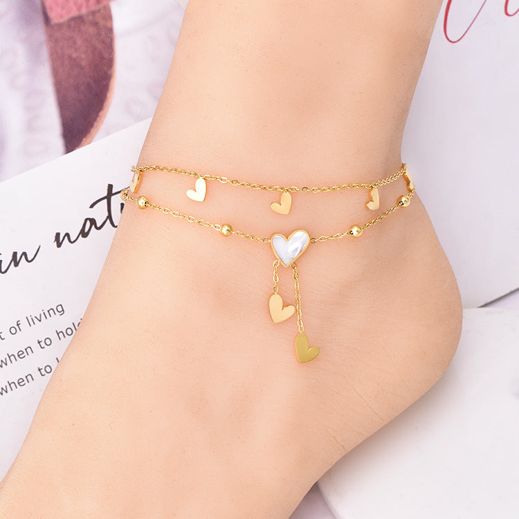 fashion heart shape stainless steel layered inlay shell 18k gold plated platinum plated women's anklet By Trendy Jewels