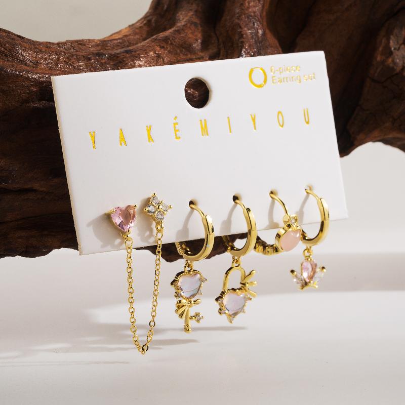 Copper 14K Gold Plated Yakemiyou Sweet Inlay Cartoon Character Heart Shape Zircon Ear Studs By Trendy Jewels