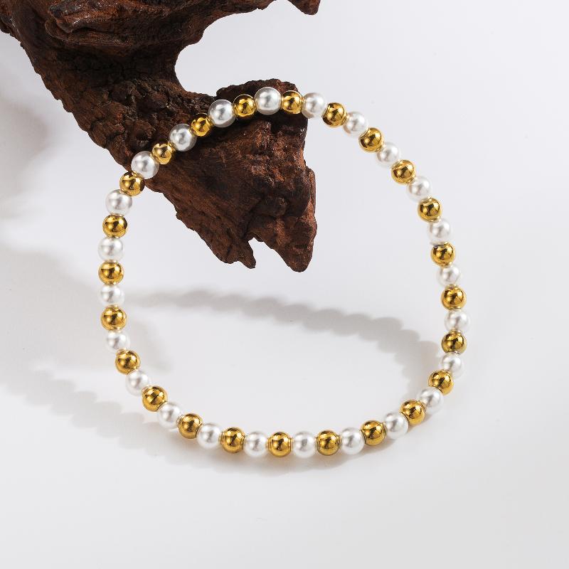Basic Commute Solid Color 304 Stainless Steel Artificial Pearl 18K Gold Plated Artificial Pearls Bracelets In Bulk By Trendy Jewels