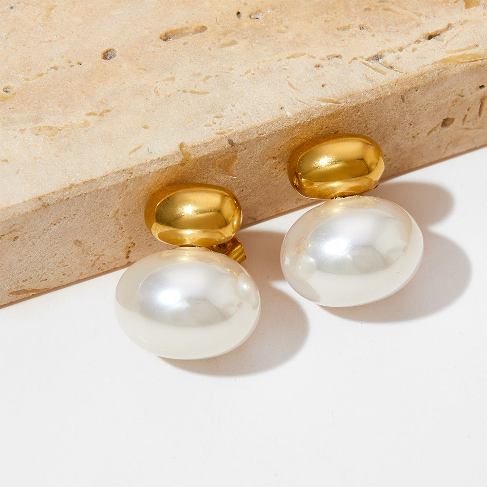 1 Pair Elegant Simple Style Oval Plating Inlay 304 Stainless Steel Pearl 16K Gold Plated White Gold Plated Gold Plated Ear Studs By Trendy Jewels