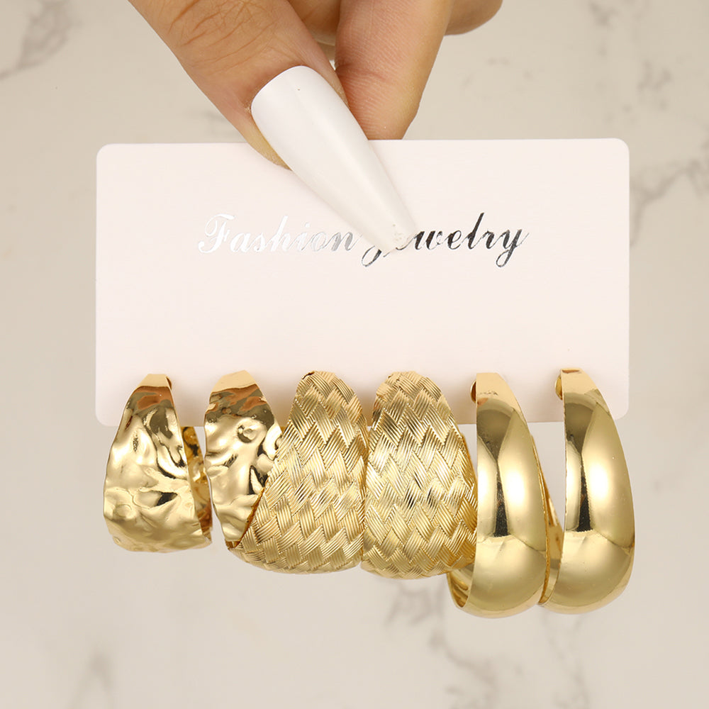 3 pairs vintage style exaggerated c shape round plating alloy gold plated silver plated hoop earrings By Trendy Jewels