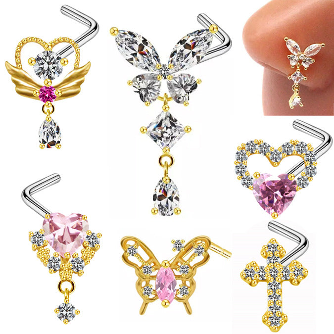 sexy cross heart shape butterfly stainless steel titanium copper plating inlay zircon white gold plated gold plated nose studs By Trendy Jewels
