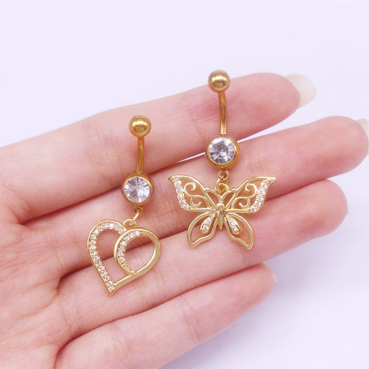 simple style heart shape cat butterfly stainless steel sequin copper white gold plated gold plated rhinestones zircon belly ring in bulk By Trendy Jewels