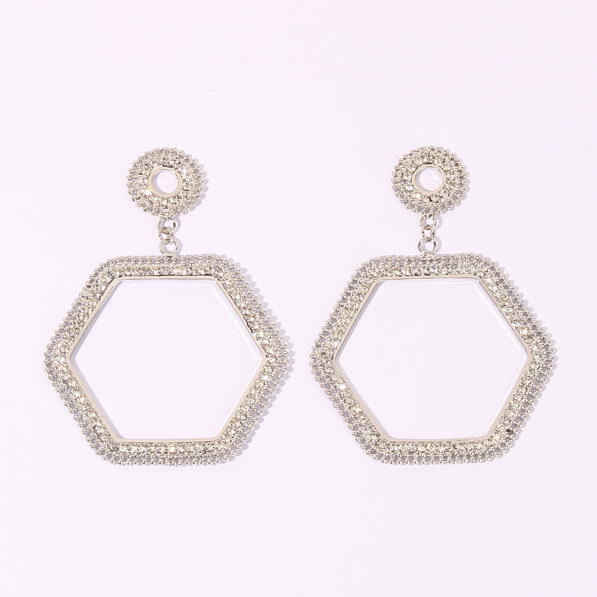 1 Pair Simple Style Hexagon Geometric Rhinestone Metal Rhodium Plated Drop Earrings By Trendy Jewels