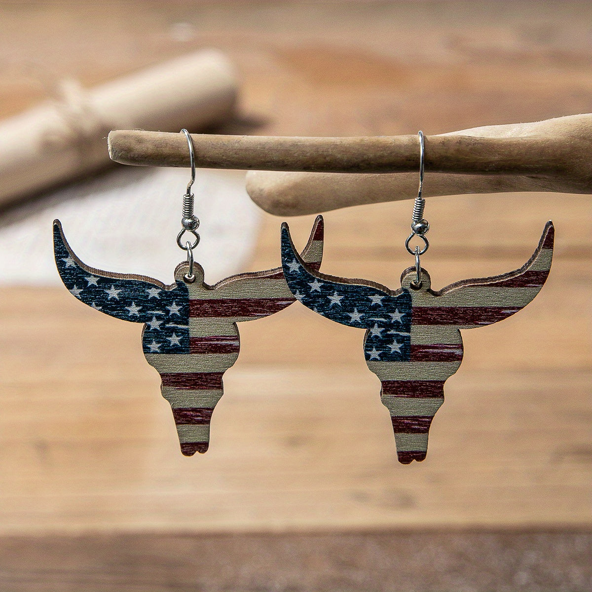 1 Pair Casual Bohemian Cattle American Flag Horse Printing Wood Drop Earrings By Trendy Jewels