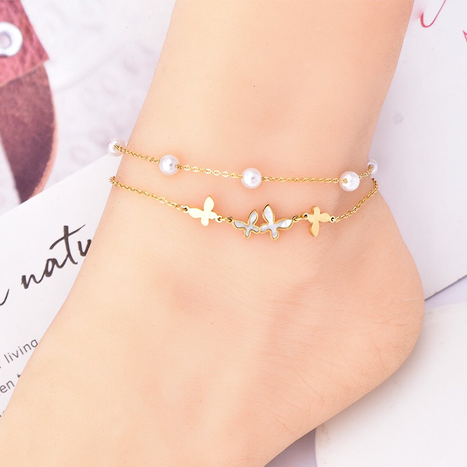 beach butterfly stainless steel layered pearl inlay shell 18k gold plated platinum plated women's anklet By Trendy Jewels