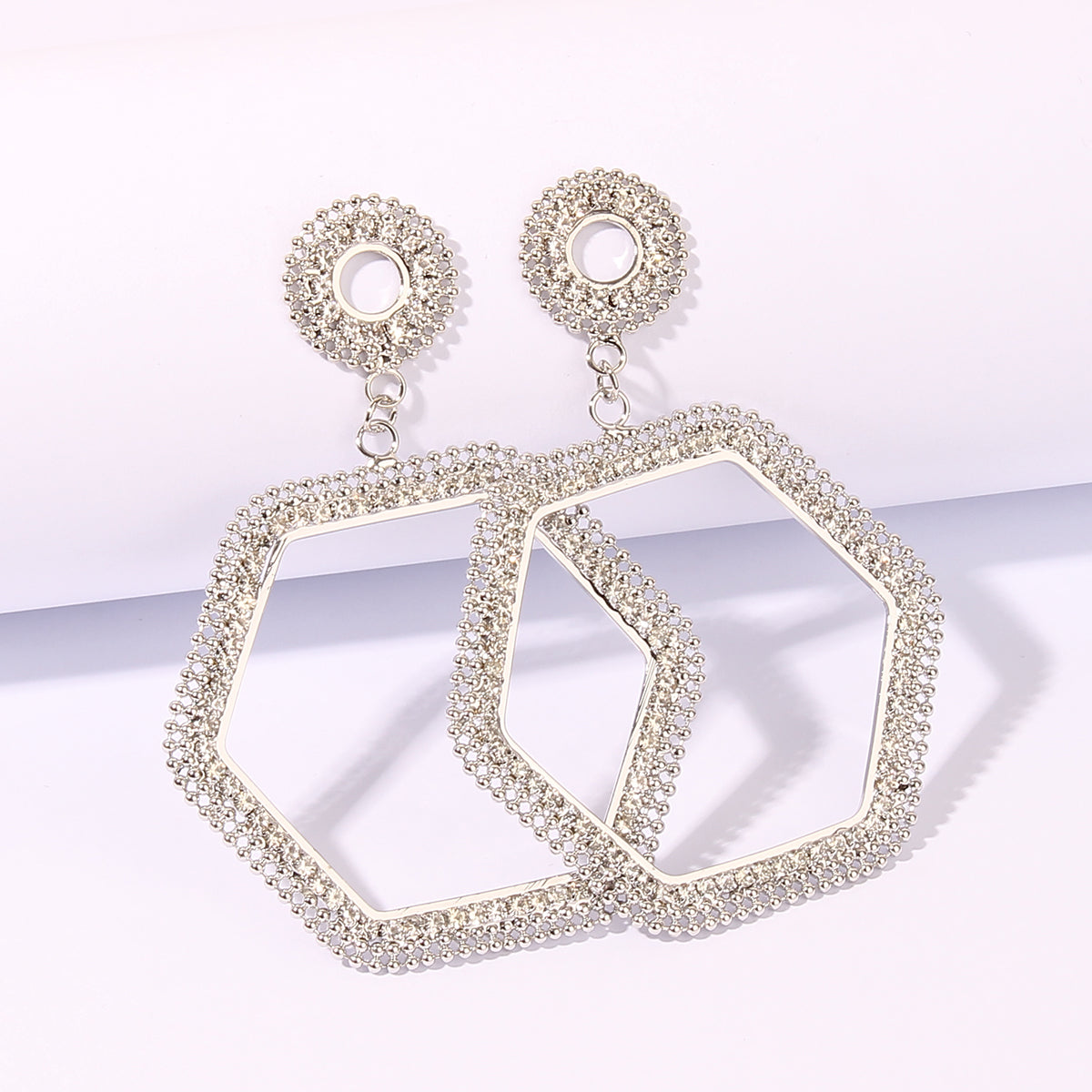 1 Pair Simple Style Hexagon Geometric Rhinestone Metal Rhodium Plated Drop Earrings By Trendy Jewels