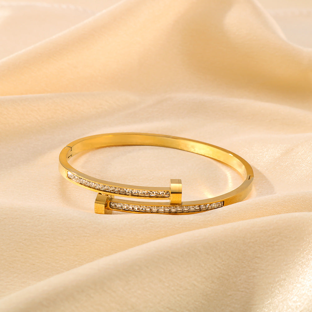 Basic Classic Style Commute Solid Color Nail 304 Stainless Steel 18K Gold Plated Zircon Bangle In Bulk By Trendy Jewels