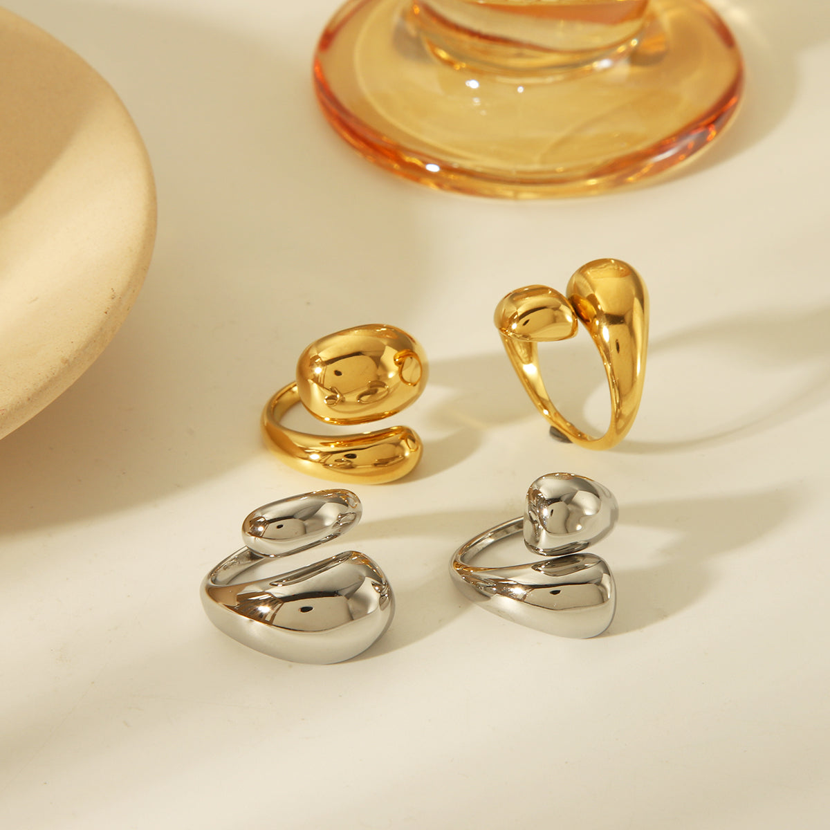 Basic Commute Solid Color 304 Stainless Steel 14K Gold Plated Open Rings In Bulk By Trendy Jewels