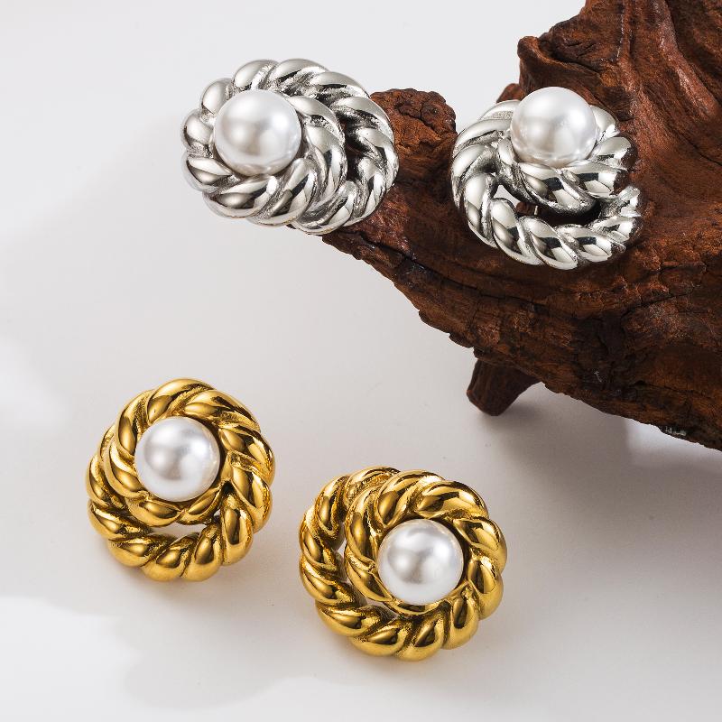 1 Pair Vintage Style Classic Style Commute Round Twist Roll Plating Inlay 304 Stainless Steel Artificial Pearls 18K Gold Plated Ear Studs By Trendy Jewels