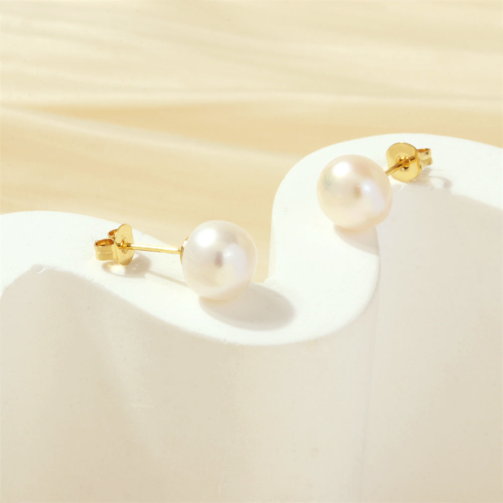 1 pair basic simple style round plating freshwater pearl copper 18k gold plated ear studs By Trendy Jewels