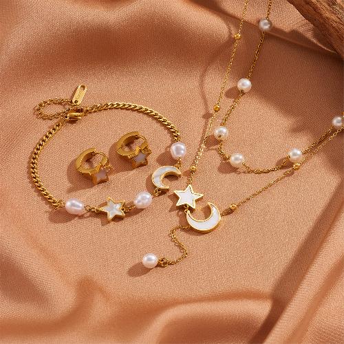 Stainless Steel 18K Gold Plated Casual Simple Style Pearl Inlay Star Moon Shell Bracelets Earrings Necklace By Trendy Jewels