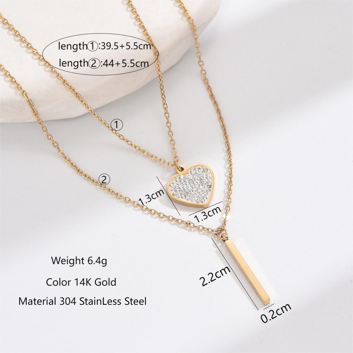 304 Stainless Steel 14K Gold Plated Elegant Glam Plating Inlay V Shape Heart Shape Rhinestones Zircon Double Layer Necklaces By Trendy Jewels