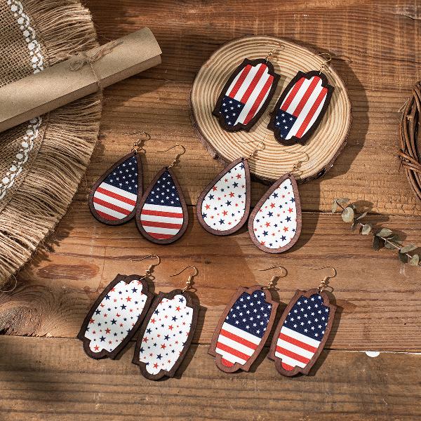 1 Pair Bohemian Water Droplets American Flag Wood Drop Earrings By Trendy Jewels