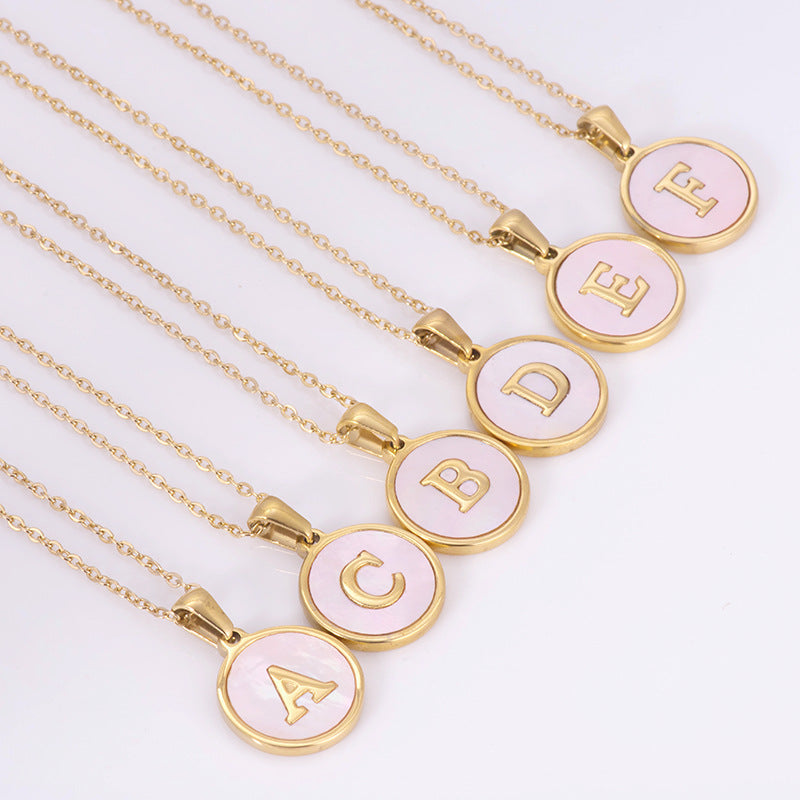 simple style round letter stainless steel pendant necklace gold plated shell stainless steel necklaces By Trendy Jewels
