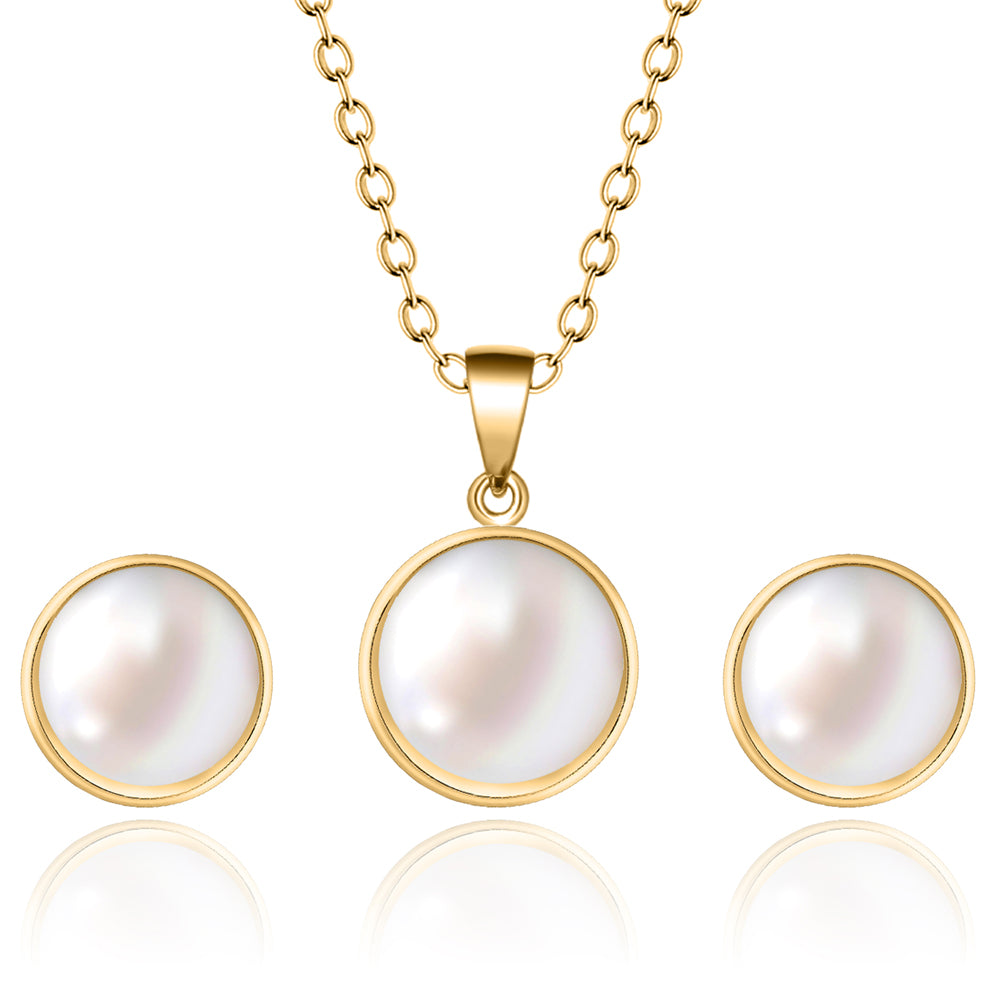 Stainless Steel 18K Gold Plated Elegant Round Inlay Artificial Pearls Earrings Necklace By Trendy Jewels