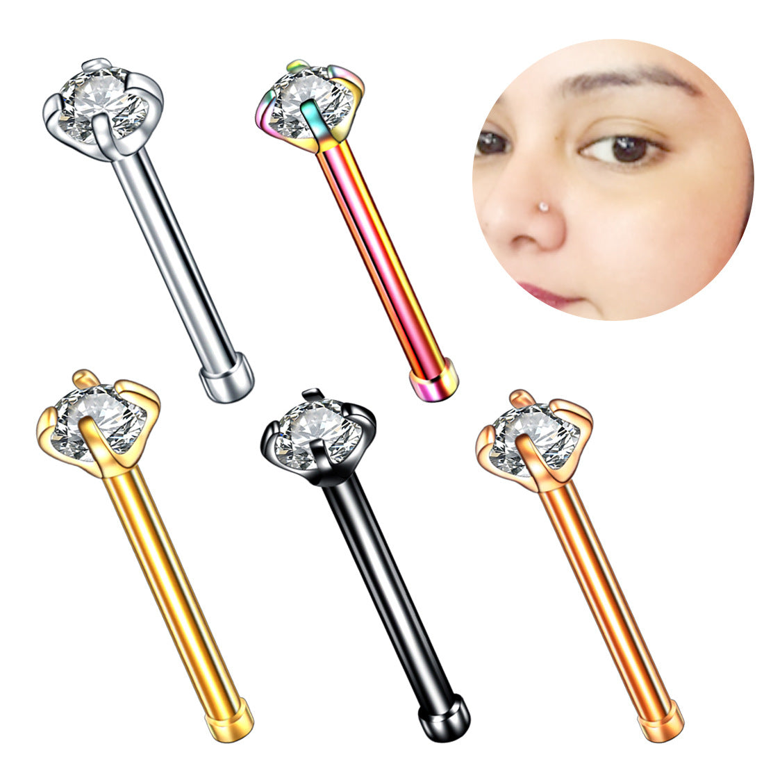 simple style solid color stainless steel inlay zircon nose studs 1 piece By Trendy Jewels