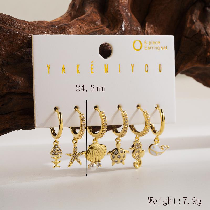 Copper 14K Gold Plated Yakemiyou Simple Style Inlay Tortoise Hippocampus Fish Tail Artificial Pearls Zircon Ear Studs By Trendy Jewels