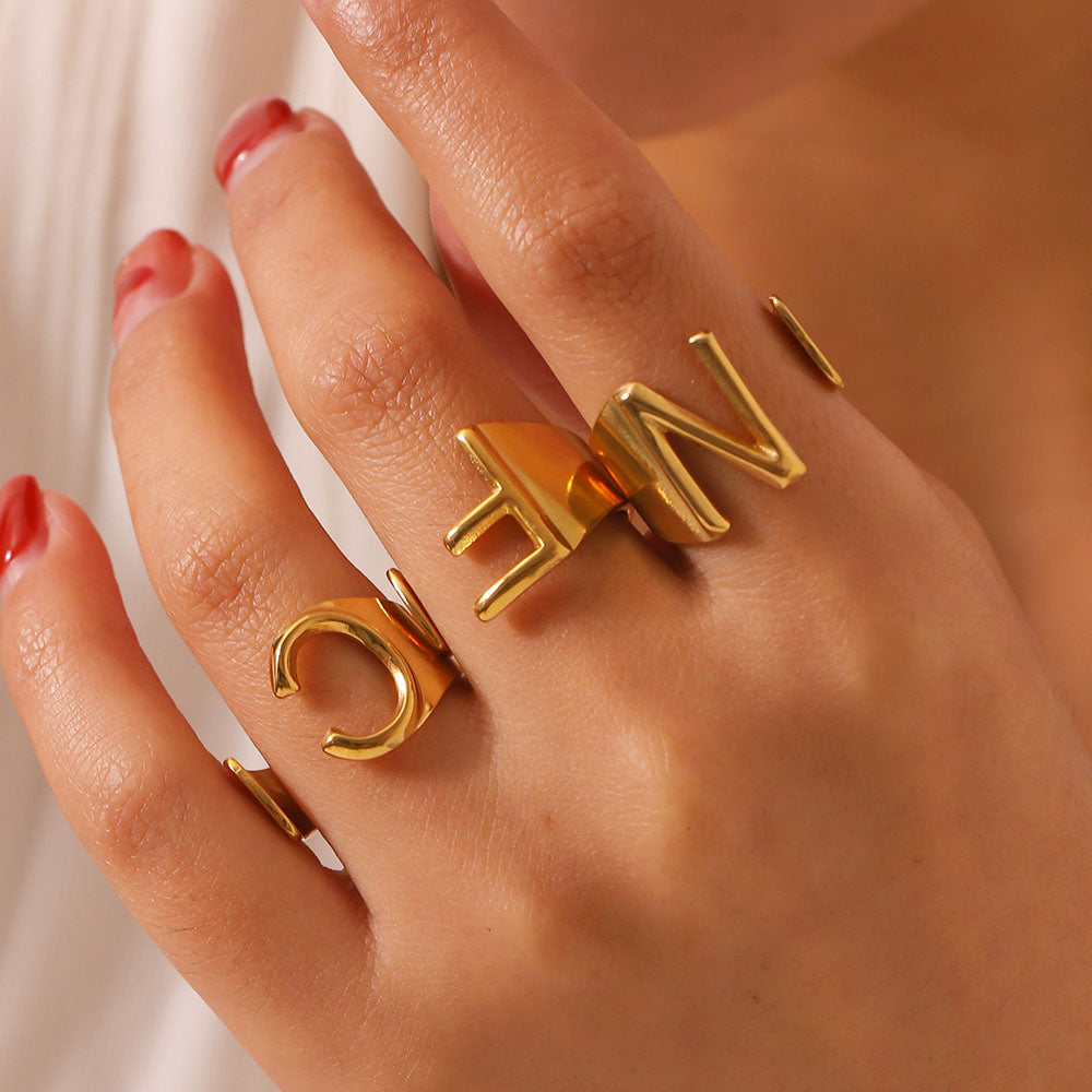 modern style simple style letter stainless steel asymmetrical plating 18k gold plated open rings By Trendy Jewels