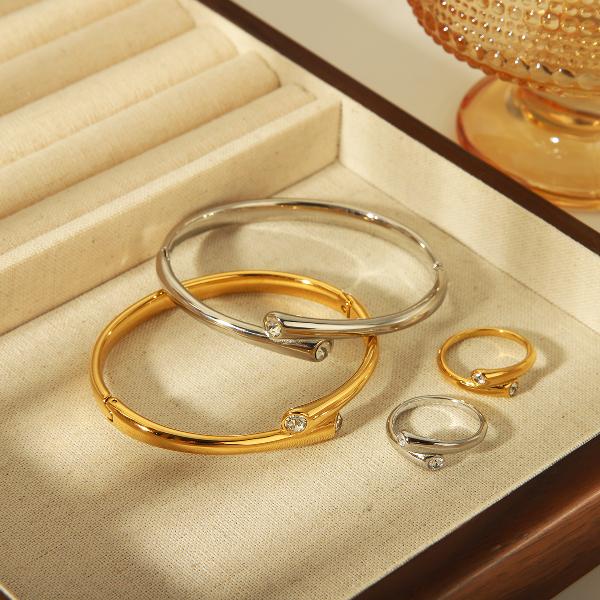 304 Stainless Steel 18K Gold Plated Vintage Style Exaggerated Classic Style Plating Inlay Solid Color Zircon Rings Bangle Jewelry Set By Trendy Jewels