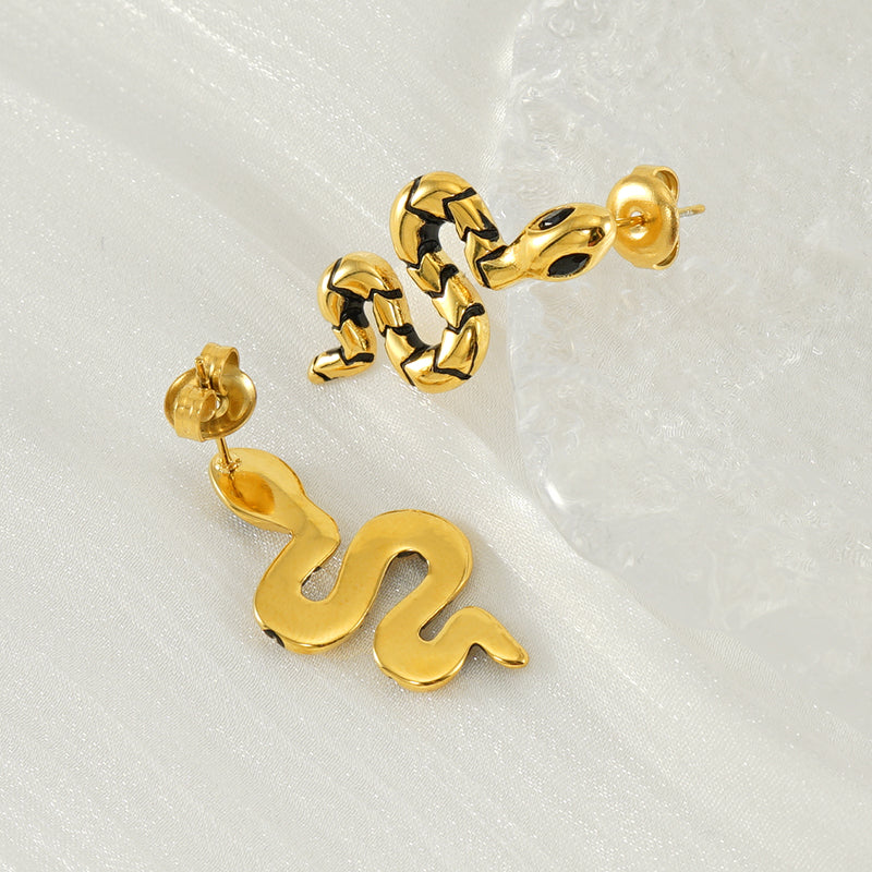 1 Pair IG Style Simple Style Snake Inlay 304 Stainless Steel Zircon 18K Gold Plated Ear Studs By Trendy Jewels